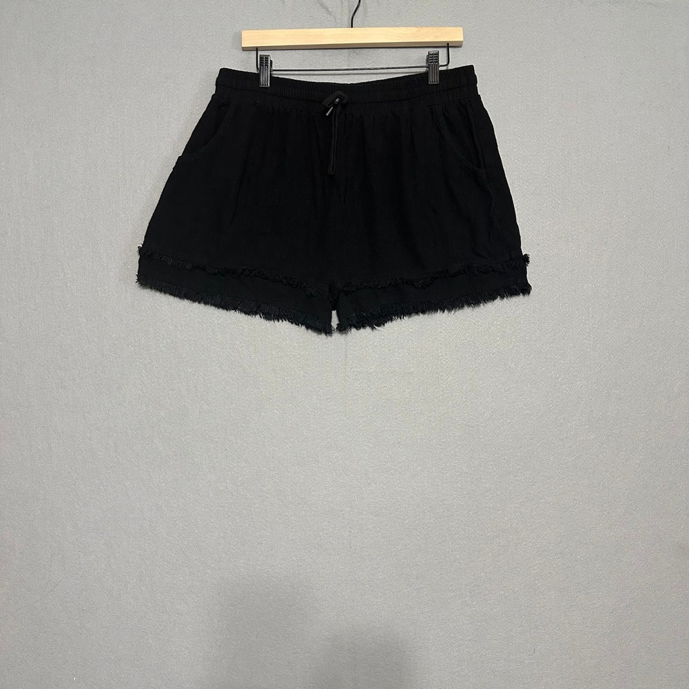 Umgee USA Black Linen Blend Frayed Hem Shorts 1XL Drawstring Elastic Waist